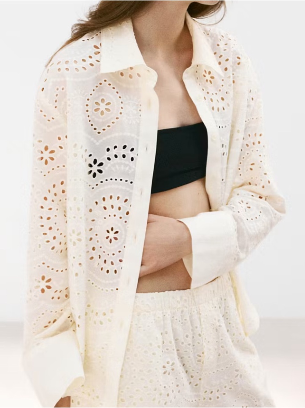 Mango Cream Eyelet Button-Down Shirt COTTON SHIRT WITH OPENWORK EMBROIDERY 1366